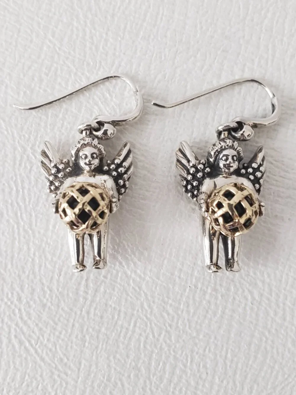 Barry Kieselstein Cord Vintage 14K Gold & Silver Cherub Orb Dangle Earrings
